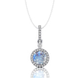 Classic Solitaire Round Moonstone Halo Diamond Dangle Pendant