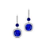 Halo Diamond Cushion Cut Blue Sapphire Dangle Earrings