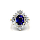 Oval Solitaire Blue Sapphire Baguette and Round Diamond Cocktail Ring