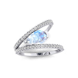 Fashionable V Shaped Diamond Ring with Pear Cut Moonstone