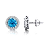 Round Solitaire Swiss Blue Topaz Halo Diamond Stud Earrings