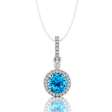 Classic Solitaire Round Swiss Blue Topaz Halo Diamond Dangle Pendant