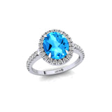 Oval Solitaire Swiss Blue Topaz Halo Diamond Engagement Ring