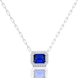 Emerald Cut Blue Sapphire Halo Set Diamond Necklace