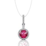 Classic Solitaire Round Pink Sapphire Halo Diamond Dangle Pendant