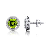 Round Solitaire Peridot Halo Diamond Stud Earrings