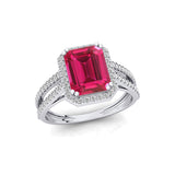 Halo Set Emerald Shaped Pink Sapphire Split Shank Ring with Accent Diamonds