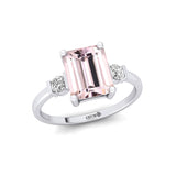 Emerald Cut Morganite and Diamond Three Stone Ring