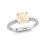 Opal Square Cushion Under Halo Diamonds Thin Ring with Diamond Band