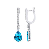 Lever Back Diamond Drop Earrings with Pear Cut Swiss Blue Topaz