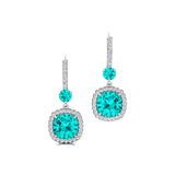 Halo Diamond Cushion Cut Paraiba Tourmaline Dangle Earrings