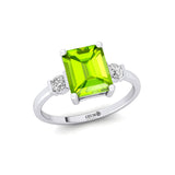 Emerald Cut Peridot and Diamond Three Stone Ring