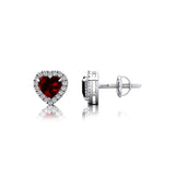 Heart Shaped Garnet Halo Diamond Stud Earrings