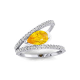 Fashionable V Shaped Diamond Ring with Pear Cut Yellow Sapphire