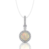 Classic Solitaire Round Opal Halo Diamond Dangle Pendant