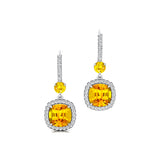 Halo Diamond Cushion Cut Yellow Sapphire Dangle Earrings