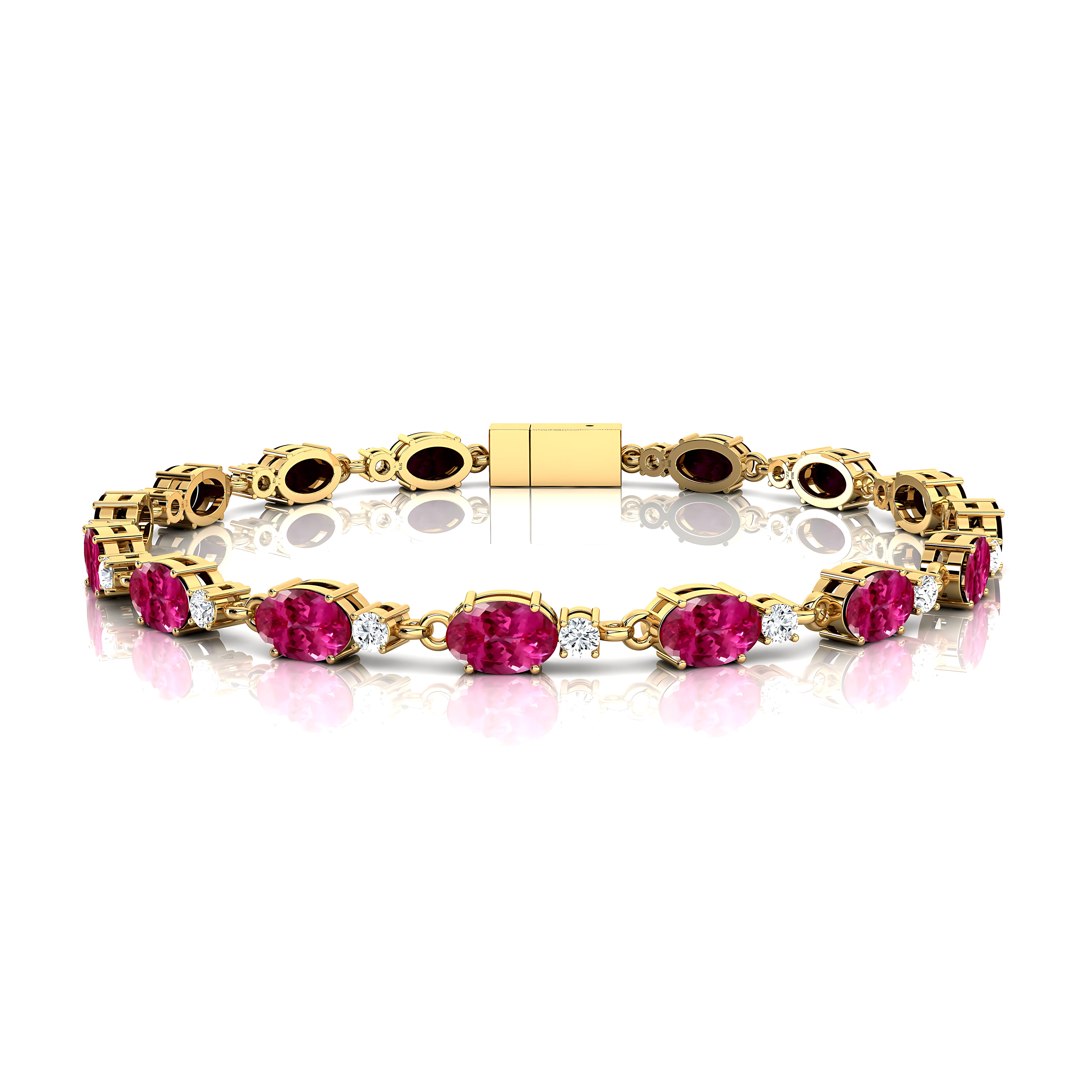 Tennis Bracelet Oval Pink Sapphire Round Diamond 18k Solid Yellow Gold Jewelry - Wedding Perfect Gift for Wife - GeumJewels