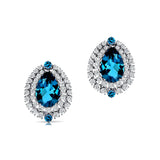 Double Halo Cluster Diamonds Teardrop London Blue Topaz Stud Earrings