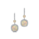 Halo Diamond Cushion Cut Opal Dangle Earrings