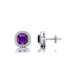 Cushion Cut Amethyst Halo Diamond Stud Earrings