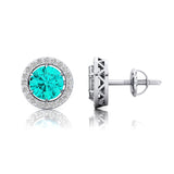 Round Solitaire Paraiba Tourmaline Halo Diamond Stud Earrings