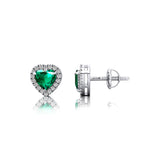 Heart Shaped Emerald Halo Diamond Stud Earrings