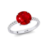 Classic Six Prong Round Solitaire Ruby Ring with Accent Diamond Band