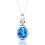 Classic Teardrop Shaped Swiss Blue Topaz Halo Diamond Dangle Pendant