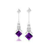 Inverted Princess Cut Amethyst Drop Earrings with Diamonds