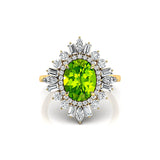 Oval Solitaire Peridot Baguette and Round Diamond Cocktail Ring