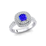 Double Halo Diamond Cushion Cut Tanzanite Ring