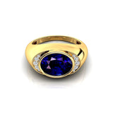 Classic Dome Shaped Diamond Oval Cut Blue Sapphire Ring