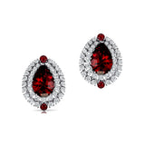 Double Halo Cluster Diamonds Teardrop Garnet Stud Earrings