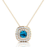 Double Halo Diamond Cushion Cut Swiss Blue Topaz Necklace