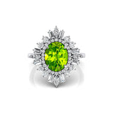 Oval Solitaire Peridot Baguette and Round Diamond Cocktail Ring