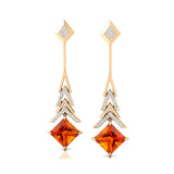 Inverted Princess Cut Citrine Drop Earrings with Diamonds