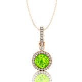 Classic Solitaire Round Peridot Halo Diamond Dangle Pendant