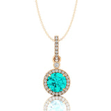 Classic Solitaire Round Paraiba Tourmaline Halo Diamond Dangle Pendant