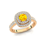 Double Halo Diamond Cushion Cut Yellow Sapphire Ring