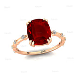 Cushion Cut Ruby Engagement Ring with Distant Diamond Band