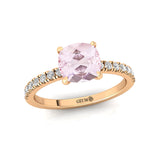 Morganite Square Cushion Under Halo Diamonds Thin Ring with Diamond Band