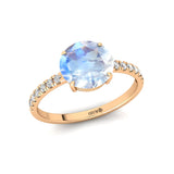 Classic Six Prong Round Solitaire Moonstone Ring with Accent Diamond Band