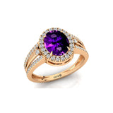 Solitaire Oval Amethyst Split Shank Diamond Engagement Ring