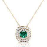 Double Halo Diamond Cushion Cut Emerald Necklace