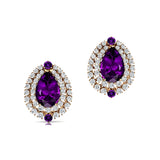 Double Halo Cluster Diamonds Teardrop Amethyst Stud Earrings