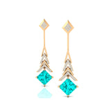 Inverted Princess Cut Paraiba Tourmaline Drop Earrings with Diamonds