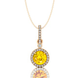 Classic Solitaire Round Yellow Sapphire Halo Diamond Dangle Pendant