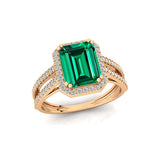 Halo Set Emerald Shaped Emerald Split Shank Ring with Accent Diamonds