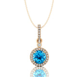 Classic Solitaire Round Swiss Blue Topaz Halo Diamond Dangle Pendant