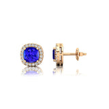 Cushion Cut Tanzanite Halo Diamond Stud Earrings